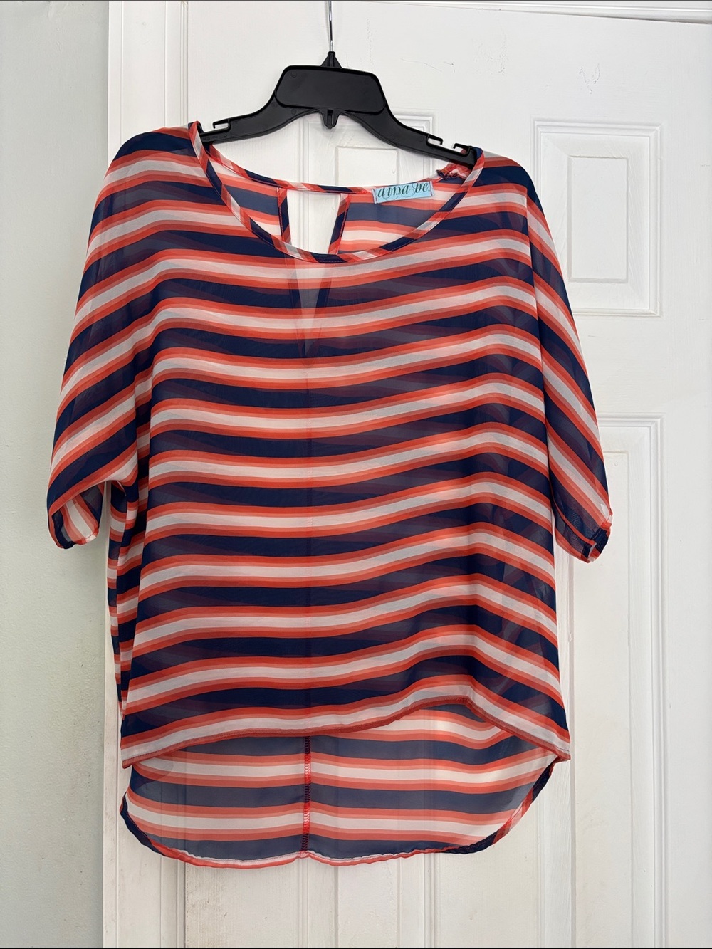 Navy, Coral & White Striped Sheer Blouse